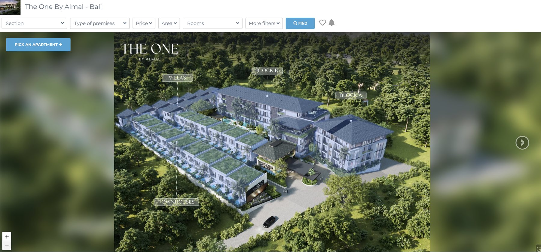 G-Plus masterplan — aerial view of The One with clickable blocks
