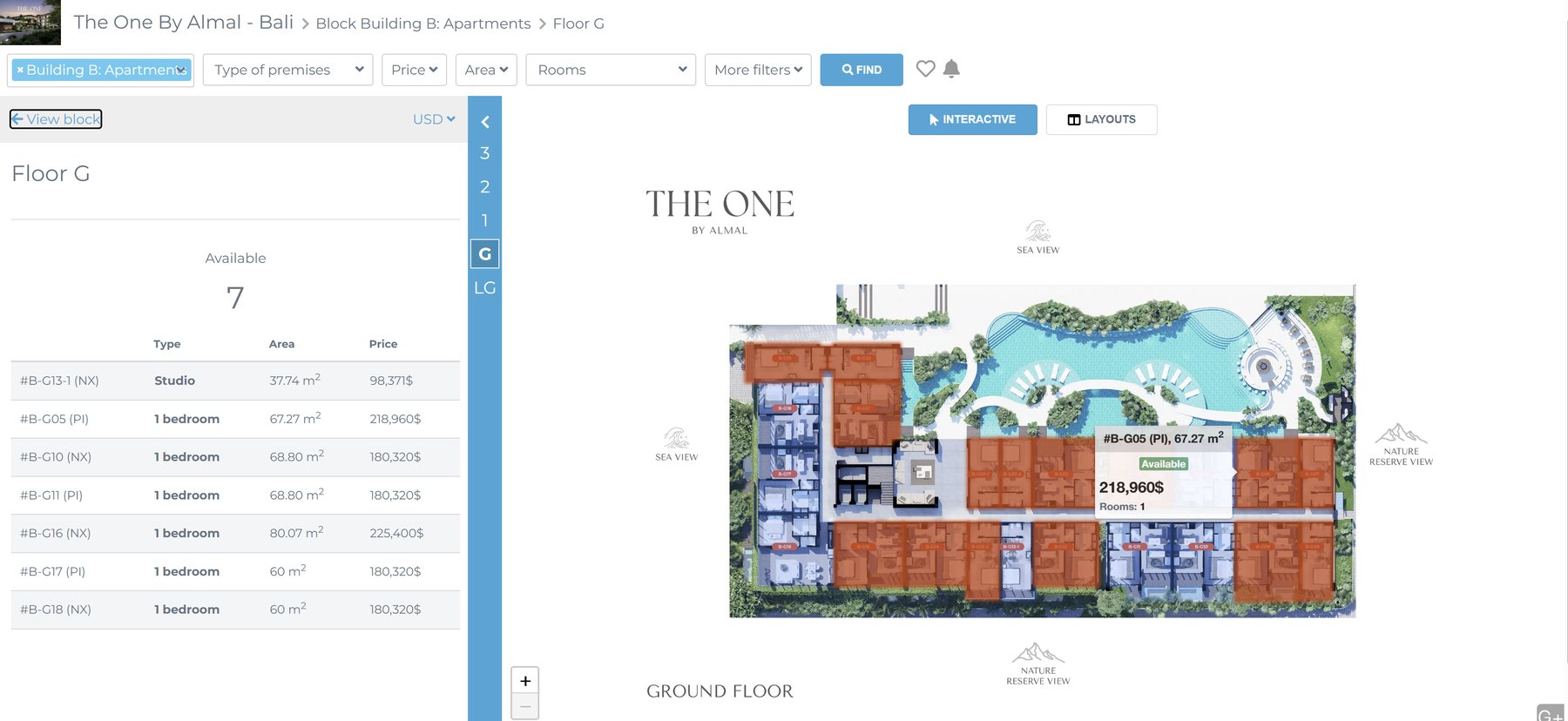 G-Plus interactive floor plan — available units around the pool deck