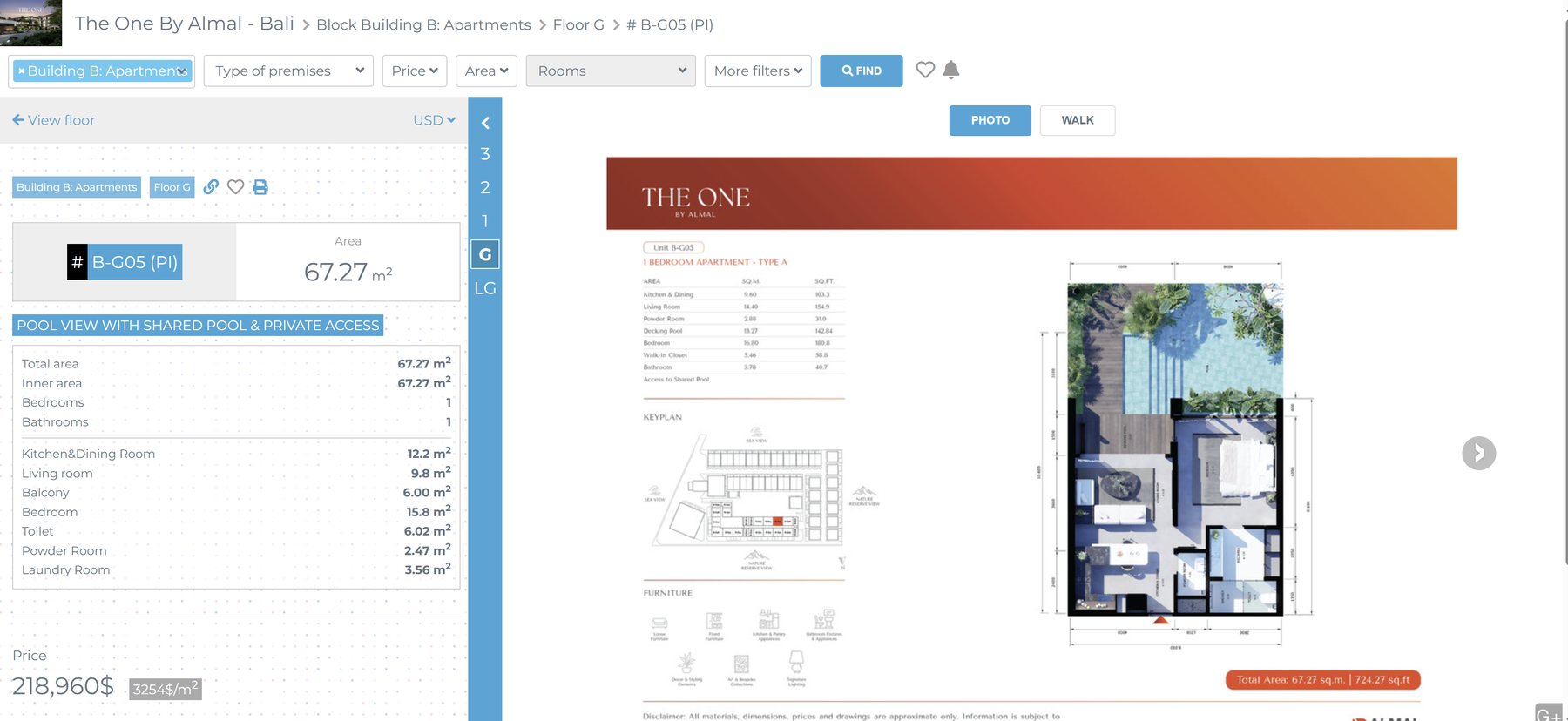G-Plus unit sheet — keyplan, areas and furniture schedule