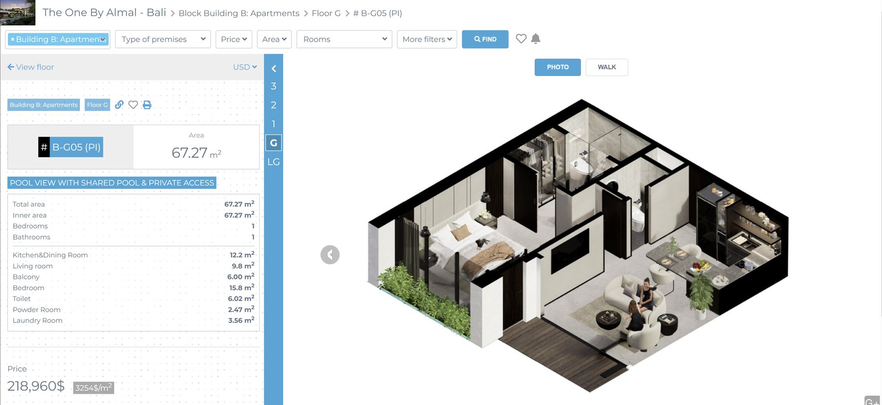 G-Plus unit in 3D — isometric cutaway of apartment B-G05