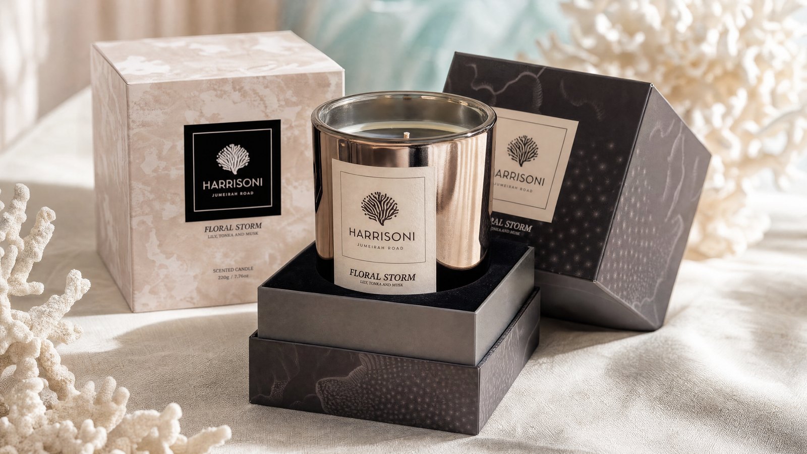 Harrisoni branded merchandise — candles, ties, scarves
