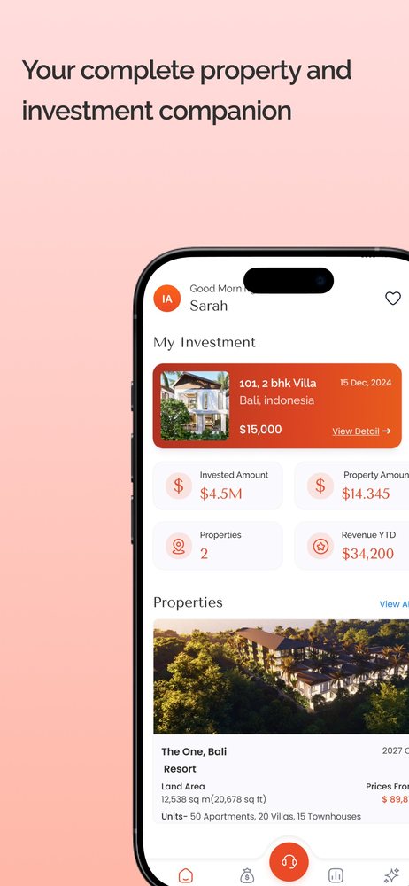 The One app — my investment dashboard, invested amount, properties, revenue YTD